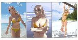 Rule 34 | 1girl, absurdres, ahoge, alternate costume, barefoot, beach, bikini, blue sky, breasts, closed mouth, cloud, cloudy sky, commentary, crossed arms, full body, green eyes, highres, kantai collection, kinugasa (kancolle), looking at viewer, medium breasts, medium hair, multiple views, navel, ocean, ojipon, open mouth, outdoors, pink hair, sand, sky, smile, solo, swimsuit, symbol-only commentary, teeth, upper teeth only