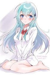 Rule 34 | 1girl, aqua hair, arms between legs, barefoot, blue eyes, blush, bow, bowtie, breasts, cleavage, closed mouth, dated, dress shirt, hair between eyes, hair ornament, hairclip, highres, kantai collection, long hair, long sleeves, mot zenzai, one-hour drawing challenge, shirt, simple background, sitting, solo, suzuya (kancolle), twitter username, white background, white shirt