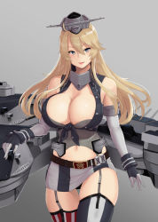 Rule 34 | 1girl, american flag legwear, asymmetrical legwear, bare shoulders, blonde hair, blue eyes, breasts, chain, elbow gloves, front-tie top, garter straps, gloves, grey background, hair between eyes, hayabusa, headgear, highres, iowa (kancolle), kantai collection, large breasts, long hair, miniskirt, mismatched legwear, rigging, simple background, skirt, solo, star-shaped pupils, star (symbol), striped clothes, striped thighhighs, symbol-shaped pupils, thighhighs, turret, vertical-striped clothes, vertical-striped thighhighs