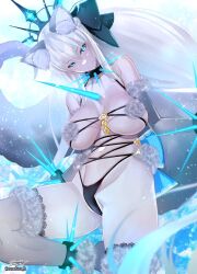 Rule 34 | 1girl, animal ears, black bow, blue eyes, bow, bracelet, braid, breasts, collar, cosplay, elbow gloves, fate/grand order, fate (series), french braid, fur-trimmed gloves, fur-trimmed legwear, fur bikini, fur collar, fur trim, gloves, halloween costume, highres, jewelry, lace, lace-trimmed legwear, lace trim, large breasts, mash kyrielight, mash kyrielight (dangerous beast), mash kyrielight (dangerous beast) (cosplay), morgan le fay (fate), o-ring, o-ring top, revealing clothes, sanazura hiroyuki, smile, solo, spiked bracelet, spiked collar, spikes, tail, white hair, wolf ears, wolf tail