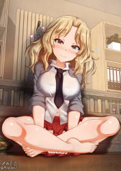 Rule 34 | 1girl, barefoot, black necktie, blonde hair, blouse, blue eyes, blush, breasts, closed mouth, collared shirt, female focus, full body, girls und panzer, heart, highres, indoors, kay (girls und panzer), large breasts, long hair, looking at viewer, megadeko, navel, necktie, no panties, parted bangs, pleated skirt, red skirt, saunders school uniform, school uniform, shirt, sitting, skirt, sleeves rolled up, smile, solo, wavy mouth, white shirt