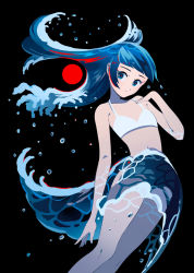 Rule 34 | 1girl, appi, black background, blue eyes, blue hair, bra, earrings, expressionless, feet out of frame, hand up, jewelry, liquid hair, long hair, navel, original, red circle, simple background, solo, swept bangs, underwear, water drop, waves, white bra
