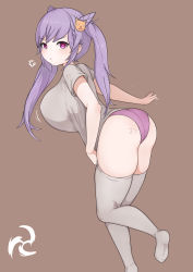 Rule 34 | 1girl, alternate breast size, ass, bent over, body writing, braid, breasts, cone hair bun, covered erect nipples, from side, frown, genshin impact, grey shirt, grey thighhighs, hair bun, hair ornament, highres, keqing (genshin impact), large breasts, long hair, looking at viewer, motion lines, no shoes, panties, pink eyes, pink panties, pout, purple hair, shirt, short sleeves, skyhood, solo, tally, thighhighs, twintails, underwear, v-shaped eyebrows