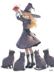 Rule 34 | 1girl, absurdres, animal, arms up, black bow, black cat, black footwear, blonde hair, bow, bowl, brown dress, brown socks, cat, commentary request, dress, frilled dress, frills, green eyes, grey hat, hat, highres, holding, kneehighs, long hair, long sleeves, looking at viewer, mary janes, open mouth, original, pet bowl, pet food, shadow, shoes, signature, socks, solo, standing, teeth, tiptoes, upper teeth only, very long hair, white background, witch, witch hat, zennosuke