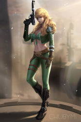 Rule 34 | 1girl, artist name, bikini, bikini top only, blonde hair, blurry, blurry background, breasts, choker, chuby mi, cleavage, day, full body, gloves, gun, highres, jacket, large breasts, lips, long hair, looking at viewer, midriff, navel, open clothes, open jacket, outdoors, solo, standing, star wars, swimsuit, weapon, yellow eyes