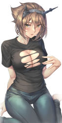 Rule 34 | 1girl, black shirt, blue pants, blush, breasts, brown hair, cleavage, denim, green eyes, hair between eyes, headgear, highres, kantai collection, kokuzou, large breasts, mutsu (kancolle), open mouth, pants, shirt, short hair, short sleeves, simple background, sitting, solo, torn clothes, torn shirt, wariza, white background