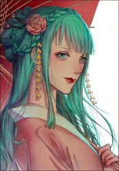 Rule 34 | 1girl, aqua eyes, aqua hair, blunt bangs, closed mouth, flower, hair flower, hair ornament, hair stick, highres, holding, holding umbrella, japanese clothes, kouzuki hiyori, lipstick, long hair, looking at viewer, makeup, one piece, red lips, simple background, smdsqi, smile, solo, traditional clothes, umbrella, white background
