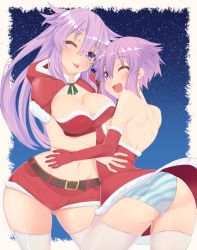 Rule 34 | 2girls, ;d, ;p, adult neptune, ass, asymmetrical docking, bare shoulders, belt, blush, breast press, breasts, capelet, christmas, cleavage, commentary request, cowboy shot, crop top, dress, dura, elbow gloves, framed, gloves, highres, hug, large breasts, long hair, looking at viewer, looking back, midriff, multiple girls, navel, neptune (neptunia), neptune (series), night, night sky, no hair ornament, one eye closed, open mouth, panties, pantyshot, purple eyes, purple hair, red capelet, red dress, red gloves, santa costume, shin jigen game neptune vii, short hair, short shorts, shorts, sky, small breasts, smile, star (sky), starry sky, striped clothes, striped panties, thighhighs, tongue, tongue out, underwear, upskirt, white legwear