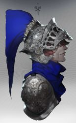 Rule 34 | 1boy, absurdres, armor, blue eyes, closed mouth, emphasis lines, from side, hair between eyes, helmet, highres, male focus, original, pauldrons, photo-referenced, pigeon666, plume, profile, red hair, shoulder armor, smile, solo, upper body