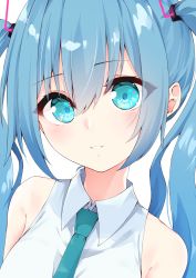 Rule 34 | 1girl, absurdres, bare shoulders, blue eyes, blue hair, collared shirt, commentary request, green necktie, hair between eyes, hair ornament, hatsune miku, head tilt, highres, hijouguti, long hair, looking at viewer, necktie, shirt, sidelocks, simple background, sleeveless, sleeveless shirt, solo, twintails, upper body, vocaloid, white background, white shirt