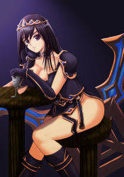 Rule 34 | 1girl, armor, black hair, boomerang, boots, breasts, chair, choker, cleavage, glass, gloves, hand on own chin, huge weapon, league of legends, long hair, medium breasts, no panties, purple eyes, seiryuu zaiten, shoulder pads, sitting, sivir, solo, table, thigh strap, tiara, vambraces, weapon