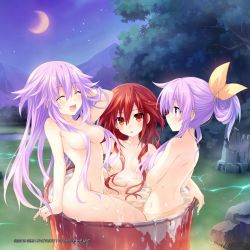 Rule 34 | 10s, 2015, 3girls, :d, ^ ^, adult neptune, alternate hairstyle, arm support, barrel, bathing, blush, breasts, closed eyes, collarbone, company name, drum (container), female focus, hair censor, hair ribbon, highres, lake, long hair, looking at viewer, moon, multiple girls, nepgear, neptune (neptunia), neptune (series), night, non-web source, nude, official art, open mouth, outdoors, purple eyes, purple hair, red eyes, red hair, ribbon, rock, same-sex bathing, shared bathing, shin jigen game neptune vii, sitting, small breasts, smile, star (sky), tennouboshi uzume, tree, tsunako, very long hair, water, watermark, wet