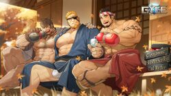 Rule 34 | 3boys, abs, alcohol, antonio (gyee), arm tattoo, autumn leaves, bara, bare pectorals, beard, blue kimono, bulge, chest hair, closed eyes, clothes down, copyright name, cross scar, dark-skinned male, dark skin, eyepatch, facial hair, feet, feet out of frame, fundoshi, goatee, gomtang, gyee, hairy, hand on another&#039;s shoulder, headband, highres, japanese clothes, kimono, large bulge, large hands, large pectorals, leg hair, male focus, male underwear, male underwear peek, markus (gyee), multiple boys, muscular, muscular male, navel, navel hair, nipples, official art, one eye covered, open clothes, open kimono, outdoors, pectorals, pouring, red kimono, sake, saliva, sandals, scar, scar on face, scar on leg, sig (gyee), sitting, smile, sunset, tattoo, thick thighs, thighs, tongue, tongue out, topless male, underwear, zouri