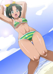 Rule 34 | 10s, 1girl, arms up, ball, bikini, breasts, day, green eyes, green hair, highres, matching hair/eyes, medium breasts, midorikawa nao, navel, ocean, open mouth, ponytail, precure, sand, short hair, smile precure!, solo, striped bikini, striped clothes, swimsuit, utamaro