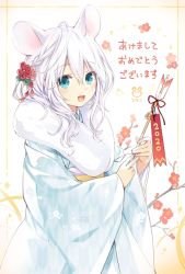 Rule 34 | 1girl, 2020, animal ears, aqua eyes, arrow (projectile), artist logo, artist name, blue kimono, braid, chinese zodiac, commentary, floral background, floral print, flower, fur trim, hair between eyes, hair flower, hair ornament, japanese clothes, kimono, long hair, looking at viewer, mouse ears, new year, open mouth, original, ribbon, solo, translated, tsunako, upper body, white hair, year of the rat