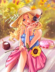 Rule 34 | 1girl, blonde hair, blue camisole, blue eyes, breasts, cake, camera, camisole, closed mouth, coconut, day, feet out of frame, flower, food, haley (stardew valley), hat, highres, holding, holding camera, jewelry, lips, long hair, medium breasts, necklace, outdoors, pina colada, pink skirt, procreate (medium), red lips, sitting, skirt, smile, solo, stardew valley, sun hat, sunflower, tayvickie