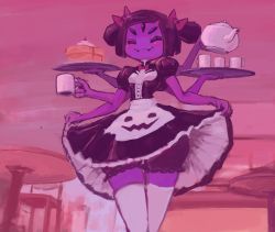 Rule 34 | 1girl, arthropod girl, blush, bow, colored skin, curtsey, extra arms, extra eyes, fangs, female focus, hair bow, highres, insect girl, maid, monster girl, muffet, purple skin, red bow, short twintails, smile, solo, spider girl, tea, teapot, thighhighs, twintails, undertale