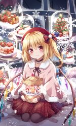 Rule 34 | 1girl, alternate costume, blonde hair, blush, capelet, choker, crystal, flandre scarlet, fur trim, hat, highres, holding, kure~pu, looking at viewer, medium hair, one side up, pantyhose, pink capelet, plaid, plaid skirt, pom pom (clothes), red eyes, sitting, skirt, smile, snow globe, snowflakes, solo, touhou, wariza, wings