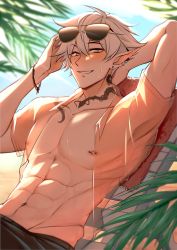 Rule 34 | 1boy, abs, beach, beach chair, blouse, blurry, blurry background, blush, bracelet, collarbone, commentary, day, earclip, earrings, elfboiii, english commentary, eyewear on head, grey eyes, grey hair, hands up, highres, jewelry, looking at viewer, male focus, navel, nipple piercing, open clothes, open shirt, orange shirt, original, outdoors, palm leaf, parted lips, pectorals, piercing, pointy ears, reclining, see-through, see-through shirt, shirt, short hair, short sleeves, smile, snake tattoo, solo, stud earrings, sunglasses, sweat, tattoo, upper body