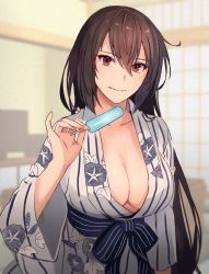 Rule 34 | 1girl, black hair, breasts, cleavage, closed mouth, collarbone, film grain, food, hair between eyes, highres, holding, holding food, japanese clothes, kantai collection, kasumi (skchkko), kimono, large breasts, long hair, long sleeves, looking at viewer, nagato (kancolle), obi, popsicle, red eyes, sash, smile, solo, wide sleeves, yukata