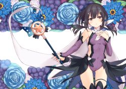 Rule 34 | 1girl, absurdres, black hair, blue flower, blue rose, blueberry, breasts, brown eyes, cape, commentary request, cowboy shot, fate/kaleid liner prisma illya, fate (series), flower, food, fruit, gluteal fold, hair between eyes, hair ornament, hairclip, hand on own chest, highres, kaleidostick, leotard, magical girl, magical sapphire, miyu edelfelt, nanananana, negative space, purple leotard, rose, small breasts, solo, thigh gap, thighhighs, wand