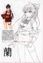 Rule 34 | 1girl, breasts, brown eyes, brown hair, cleavage, concept art, fishnets, hand on own hip, highres, japanese clothes, lineart, looking at viewer, mitama ~shinobi~, multiple views, ninja, pelvic curtain, ponytail, ran (mitama ~shinobi~), simple background, sword, thick thighs, thigh strap, thighs, tony taka, weapon, white background