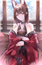 Rule 34 | 2girls, absurdres, age difference, aged down, amagi-chan (azur lane), amagi (azur lane), animal ear fluff, animal ears, azur lane, bare shoulders, between breasts, blunt bangs, blush, breasts, brown hair, choker, closed eyes, cloud, cloudy sky, collarbone, commentary, dated commentary, face between breasts, face to breasts, fingernails, fox ears, fox girl, fox tail, hair ornament, hands on another&#039;s back, head between breasts, head on chest, highres, hug, japanese clothes, kimono, kitsune, kyuubi, large breasts, long hair, multiple girls, multiple tails, off shoulder, red kimono, samip, sidelocks, sky, tail, thick eyebrows, tree, twintails, wide sleeves