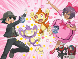 Rule 34 | 3boys, :d, aipom, arms up, ash ketchum, belt, belt buckle, black eyes, black hair, black pants, bow, buckle, buttons, chimchar, commentary request, cosplay, creatures (company), crossdressing, darkrai, dawn (pokemon), dawn (pokemon) (cosplay), dress, game freak, gen 2 pokemon, gen 4 pokemon, gloves, hair bow, hat, heart, jacket, legendary pokemon, male focus, multiple boys, mythical pokemon, nintendo, open mouth, outstretched arm, pants, paul (pokemon), pink dress, poke ball, pokemoa, pokemon, pokemon (anime), pokemon dppt (anime), purple hair, shoes, short hair, short sleeves, smile, sparkle, spiked hair, star (symbol), tobias (pokemon), tongue, vest, white gloves