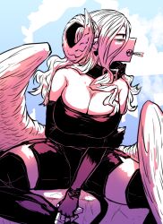 Rule 34 | 1girl, arm under breasts, black tail, blue sky, boots, breasts, choker, cigarette, cigarette pack, demon girl, demon horns, demon tail, detached sleeves, feathered wings, fingerless gloves, from side, gloves, highres, holding own arm, horns, kewpie (mazohaha), large breasts, limited palette, long hair, looking away, looking to the side, medium breasts, musuko ga kawaikute shikatanai mazoku no hahaoya, sitting, sky, smoking, tail, thigh boots, thighhighs, white hair, wings, zyugoya