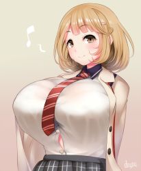 Rule 34 | 10s, 1girl, arms behind back, bad id, bad pixiv id, breasts, brown eyes, brown hair, doyouwantto, gradient background, hair ornament, hairclip, huge breasts, looking at viewer, musical note, narusawa ryouka, necktie, occultic;nine, pink background, plaid, plaid skirt, quaver, school uniform, shirt tucked in, short hair, simple background, skirt, smile, solo, white background