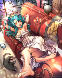 Rule 34 | 1girl, aqua hair, armpits, arms behind head, bad id, bad pixiv id, barefoot, bat wings, black cat, breasts, broken glass, candle, cat, cleavage, couch, dino (trexsilence), dress, fang, fangs, feet, glass, head wings, indoors, long hair, mirror, original, red upholstery, solo, stretching, tenkuu no crystalia, toes, window, wings, yellow eyes