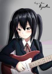 Rule 34 | black hair, black jacket, blazer, brown eyes, commentary, electric guitar, english commentary, english text, gradient background, grey background, guitar, highres, instrument, jacket, k-on!, kyoto animation, long hair, looking at viewer, nakano azusa, neck ribbon, prophosphere, red ribbon, ribbon, sakuragaoka high school uniform, school uniform, tears, twintails, upper body