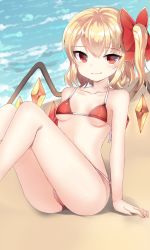 Rule 34 | 1girl, arm support, bad id, bad twitter id, beach, bikini, blonde hair, blush, bow, breasts, closed mouth, collarbone, day, demon wings, fang, fang out, flandre scarlet, hair bow, highres, looking at viewer, outdoors, papo, red bikini, red bow, red eyes, side-tie bikini bottom, side ponytail, sitting, small breasts, smile, solo, swimsuit, touhou, water, wings