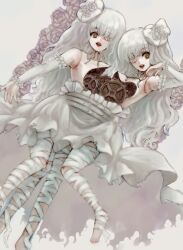 Rule 34 | 2girls, bandaged leg, bandages, bare shoulders, barefoot, belt, conjoined, detached sleeves, doll joints, dress, flower, gears, hair flower, hair ornament, highres, joints, judica (rozen maiden), kiru (m putorius), long hair, looking at viewer, madulin (rozen maiden), multiple belts, multiple girls, neck ribbon, one-eyed, open mouth, ribbon, rose, rozen maiden, smile, white dress, white flower, white hair, white ribbon, white rose, yellow eyes