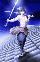 Rule 34 | 1boy, black hair, black pants, closed mouth, dual wielding, full body, hashibira inosuke, highres, holding, holding weapon, kimetsu no yaiba, looking at viewer, male focus, muscular, muscular male, myukom, night, night sky, on roof, pants, short hair, sky, solo, standing, star (sky), topless male, weapon