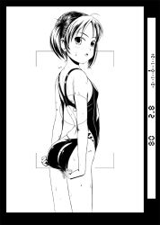 Rule 34 | adjusting clothes, adjusting swimsuit, ass, competition swimsuit, flat chest, greyscale, looking back, monochrome, one-piece swimsuit, original, solo, swimsuit, tk4, twintails, viewfinder