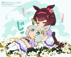 Rule 34 | 2girls, animal ears, artist name, blue eyes, brown hair, chibi, chin rest, chinese text, closed eyes, closed mouth, collared shirt, commentary, dress, english text, field, flower, flower field, frilled dress, frills, green hair, hair between eyes, hair flower, hair ornament, head on head, head rest, headband, highres, horse ears, horse girl, horse tail, lap pillow, looking at viewer, lying, multiple girls, nishino flower (umamusume), on back, own hands clasped, own hands together, purple dress, red headband, school uniform, seiun sky (umamusume), seiza, shirt, short sleeves, sitting, smile, sugomori tsuru (artist), tail, thighhighs, tracen school uniform, umamusume, white thighhighs, x hair ornament