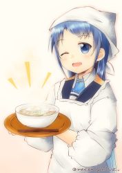 Rule 34 | 1girl, ;d, apron, blue eyes, blue hair, blush, bowl, carrying, chopsticks, food, food request, highres, kantai collection, kappougi, long hair, looking at viewer, mae (maesanpicture), no gloves, noodles, one eye closed, open mouth, samidare (kancolle), school uniform, serafuku, simple background, smile, solo, swept bangs, tenugui, tray, twitter username, udon, very long hair