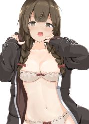 Rule 34 | 1girl, absurdres, black jacket, blush, bra, braid, breasts, brown eyes, brown hair, cleavage, disuto, hair ribbon, highres, jacket, kantai collection, long hair, long sleeves, medium breasts, open clothes, open mouth, panties, ribbon, shinshuu maru (kancolle), simple background, sleeves past wrists, solo, twin braids, underwear, white background, white bra, white panties