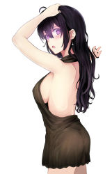 Rule 34 | 1girl, ahoge, ass, backless dress, backless outfit, bad id, bad pixiv id, beifeng han, black dress, black hair, blush, breasts, covered erect nipples, dress, earrings, flat ass, glowing, hair between eyes, hair ornament, hand in own hair, highres, jewelry, large breasts, long hair, looking at viewer, md5 mismatch, miyaura sanshio, no bra, open mouth, original, purple eyes, resolution mismatch, sideboob, simple background, solo, white background