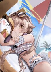 Rule 34 | 1girl, absurdres, anizi, ass, bare shoulders, beach umbrella, bikini, blue archive, blue sky, blush, breasts, cloud, day, eyewear on head, fingernails, frilled bikini, frills, halo, hifumi (blue archive), hifumi (swimsuit) (blue archive), highres, light brown hair, long hair, looking at viewer, low twintails, lying, navel, official alternate costume, on stomach, one eye closed, open mouth, outdoors, parasol, peroro (blue archive), sky, small breasts, smile, solo, sunglasses, swimsuit, twintails, umbrella, white bikini, yellow eyes, yellow halo