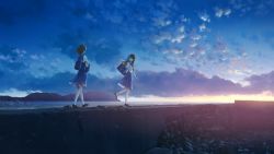 Rule 34 | 2girls, anyotete, blue sailor collar, blue skirt, blue sky, bob cut, brown footwear, brown hair, closed mouth, cloud, commentary, english commentary, evening, full body, gradient sky, grass, highres, light smile, long hair, looking at another, looking back, mountainous horizon, multiple girls, neckerchief, open mouth, original, outdoors, pleated skirt, red neckerchief, sailor collar, scenery, school uniform, serafuku, shirt, short hair, short sleeves, skirt, sky, smile, socks, sunset, twilight, white legwear, white shirt