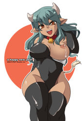 Rule 34 | 00s, 1girl, 2009, animal ears, bad id, bad pixiv id, bell, blue hair, breast slip, breasts, collar, cow ears, cow girl, cow tail, curvy, dark-skinned female, dark skin, hip focus, horns, lactation, large breasts, leotard, long hair, neck bell, new year, nipples, niwacho, one breast out, solo, tail, thighhighs, wide hips