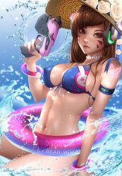 Rule 34 | 1girl, animal print, arm at side, artist name, bangle, bearwitch, bikini, bikini top only, blue bikini, bracelet, breasts, brown eyes, brown hair, character name, cleavage, commentary, copyright name, covered erect nipples, cowboy shot, d.va (overwatch), dappled sunlight, day, emblem, english commentary, expressionless, eyelashes, eyeliner, facepaint, facial mark, finger on trigger, fingernails, flower, front-tie bikini top, front-tie top, gun, handgun, hat, hat flower, headphones, highres, holding, holding gun, holding weapon, innertube, jewelry, leaning back, lips, long hair, looking at viewer, makeup, medium breasts, nail polish, navel, nose, o-ring, o-ring bikini, outdoors, overwatch, overwatch 1, pink lips, pink nails, pistol, print bikini, print bikini top, rabbit print, rose, signature, solo, splashing, sun hat, sunlight, swim ring, swimsuit, tattoo, water, weapon, wet, whisker markings, white flower, white rose