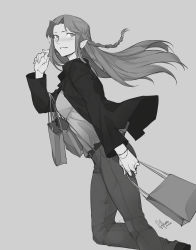 Rule 34 | 1girl, absurdres, alternate costume, bag, belt, blush, bracelet, braid, carrying bag, contemporary, dated, dutch angle, earrings, fate/grand order, fate (series), feet out of frame, greyscale, hair intakes, hand up, highres, jacket, jewelry, long hair, long sleeves, looking back, medea (fate), monochrome, parted lips, pointy ears, shopping bag, side braids, sidelocks, signature, smile, solkorra, solo