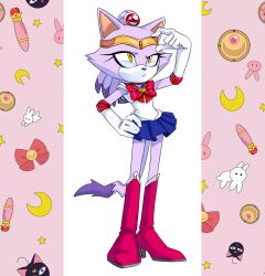 Rule 34 | 1girl, absurdres, animal ears, bishoujo senshi sailor moon, bishoujo senshi sailor moon (first season), bishoujo senshi sailor moon r, blaze the cat, blue skirt, boots, bow, cat ears, cat girl, cat tail, circlet, cosplay, di-dash, furry, furry female, hair bun, hand on own hip, highres, knee boots, miniskirt, pleated skirt, red footwear, sailor moon, sailor moon (cosplay), skirt, sonic (series), tail, yellow eyes