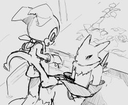 Rule 34 | 1boy, 1girl, digimon, fox, gloves, imp, impmon, looking at another, renamon, scarf, tail