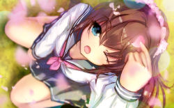 Rule 34 | 1girl, ;o, arm up, between legs, blue eyes, blue sailor collar, blue skirt, blurry, blurry background, blurry foreground, brown hair, depth of field, from above, grass, hair between eyes, hand between legs, highres, holding, holding petal, long hair, long sleeves, looking at viewer, looking up, missile228, neckerchief, on grass, one eye closed, open mouth, original, petals, pink neckerchief, pleated skirt, sailor collar, school uniform, serafuku, shirt, sitting, skirt, solo, wariza, white shirt