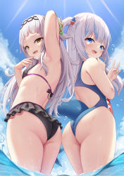 Rule 34 | 2girls, arm behind head, arm up, armpits, ass, back, bare shoulders, bikini, black bikini, blue eyes, blue hair, blue one-piece swimsuit, blue sky, blush, breasts, competition swimsuit, fins, fish tail, gawr gura, grey hair, hair ornament, hairband, highleg, highleg swimsuit, highres, hololive, hololive english, long hair, looking at viewer, looking back, medium hair, milkshakework, multicolored hair, multiple girls, murasaki shion, murasaki shion (hololive summer 2019), one-piece swimsuit, open mouth, shark girl, shark hair ornament, shark tail, sharp teeth, sidelocks, sky, small breasts, smile, streaked hair, swimsuit, tail, teeth, thighs, two side up, v, virtual youtuber, wading, water, wet, white hair, yellow eyes