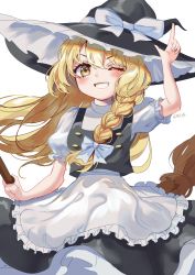 Rule 34 | 1girl, ;d, apron, black skirt, blonde hair, blush, bow, braid, broom, cowboy shot, frills, grin, hair between eyes, hat, hat bow, highres, holding, holding broom, kirisame marisa, long hair, looking at viewer, one eye closed, open mouth, puffy short sleeves, puffy sleeves, shianebulae, shirt, short sleeves, simple background, single braid, skirt, skirt set, smile, solo, touhou, vest, waist apron, white apron, white background, white bow, witch hat, yellow eyes